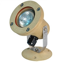 Front view of Unique Atlantis 16 brass underwater LED flood light with glass lens, adjustable swivel bracket and visible wire lead, studio photo.