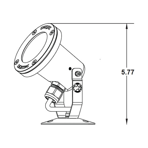 Angled view of Unique Atlantis 16 underwater LED fixture showing machined brass housing, lens details and mounting bracket, product photography.