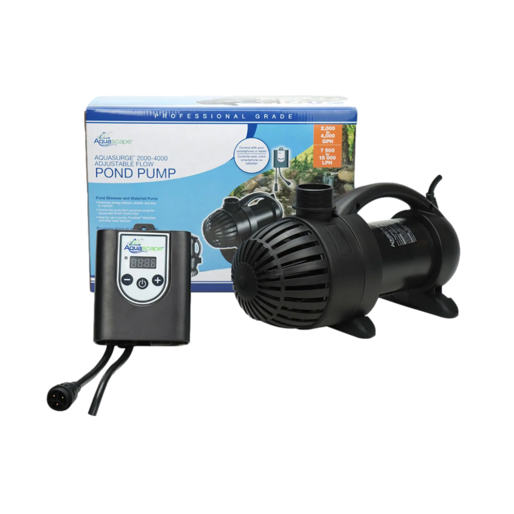 Front view of Aquascape AquaSurge 2000-4000 adjustable flow submersible pond pump showing intake screen, housing and attached 20 ft power cord.