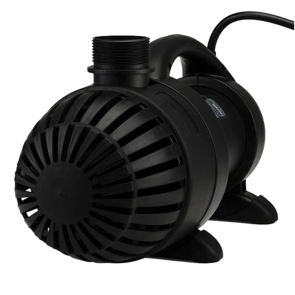 Side profile of AquaSurge pump highlighting rotational ball output, 1.5-inch discharge and durable, corrosion-resistant pump housing.
