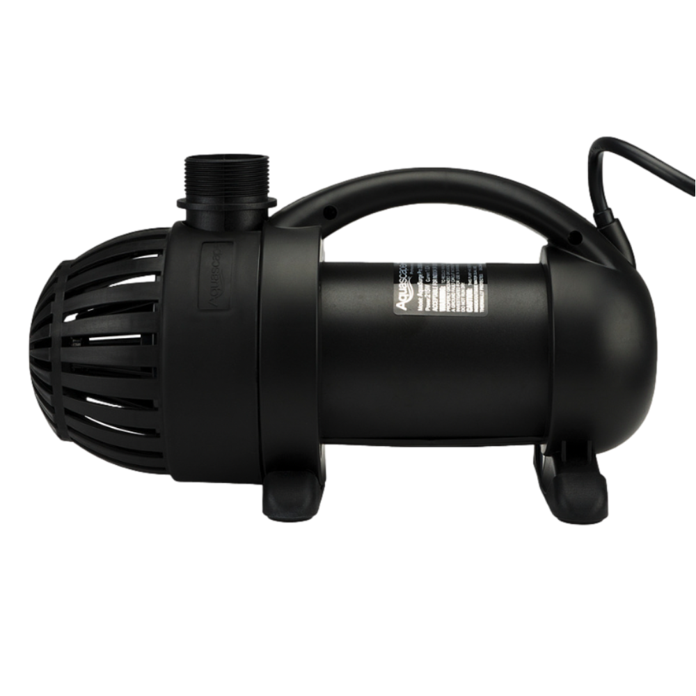 Top view of Aquascape adjustable flow pump showing Smart Control Receiver connection and pump screen for debris protection.