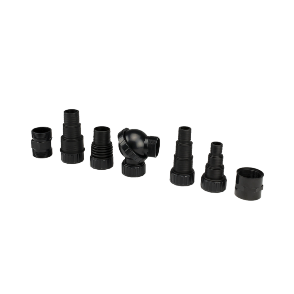 AquaSurge 2000-4000 pump with fittings attached, demonstrating horizontal installation option and compact 14 x 6 x 7.5 inch footprint.