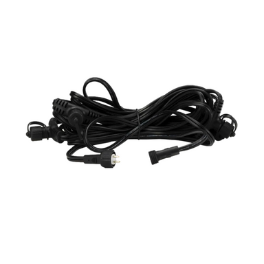 25-foot black low-voltage extension cable with five weatherproof quick‑connect outlets spaced every 5 feet for pond lighting