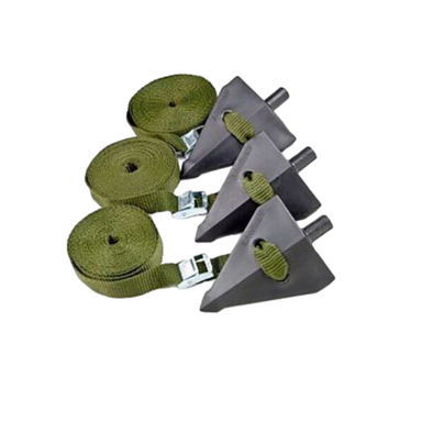 Arborbrace ATG-R kit: three nylon arrow anchors with nickel‑plated tension cam buckles and 12‑ft UV‑coated polypropylene webbing in green/gray.
