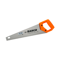 Bacho S300 14-inch toolbox handsaw with orange one-piece plastic handle, side view showing hardpoint fleam teeth and blade length