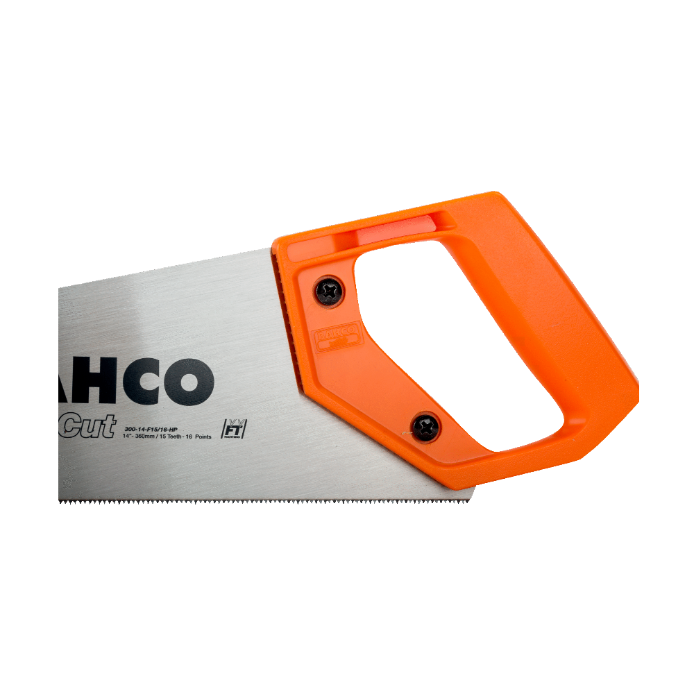 Angled view of Bacho S300 handsaw showing orange screw-secured one-piece handle and toolbox-sized 14-inch blade