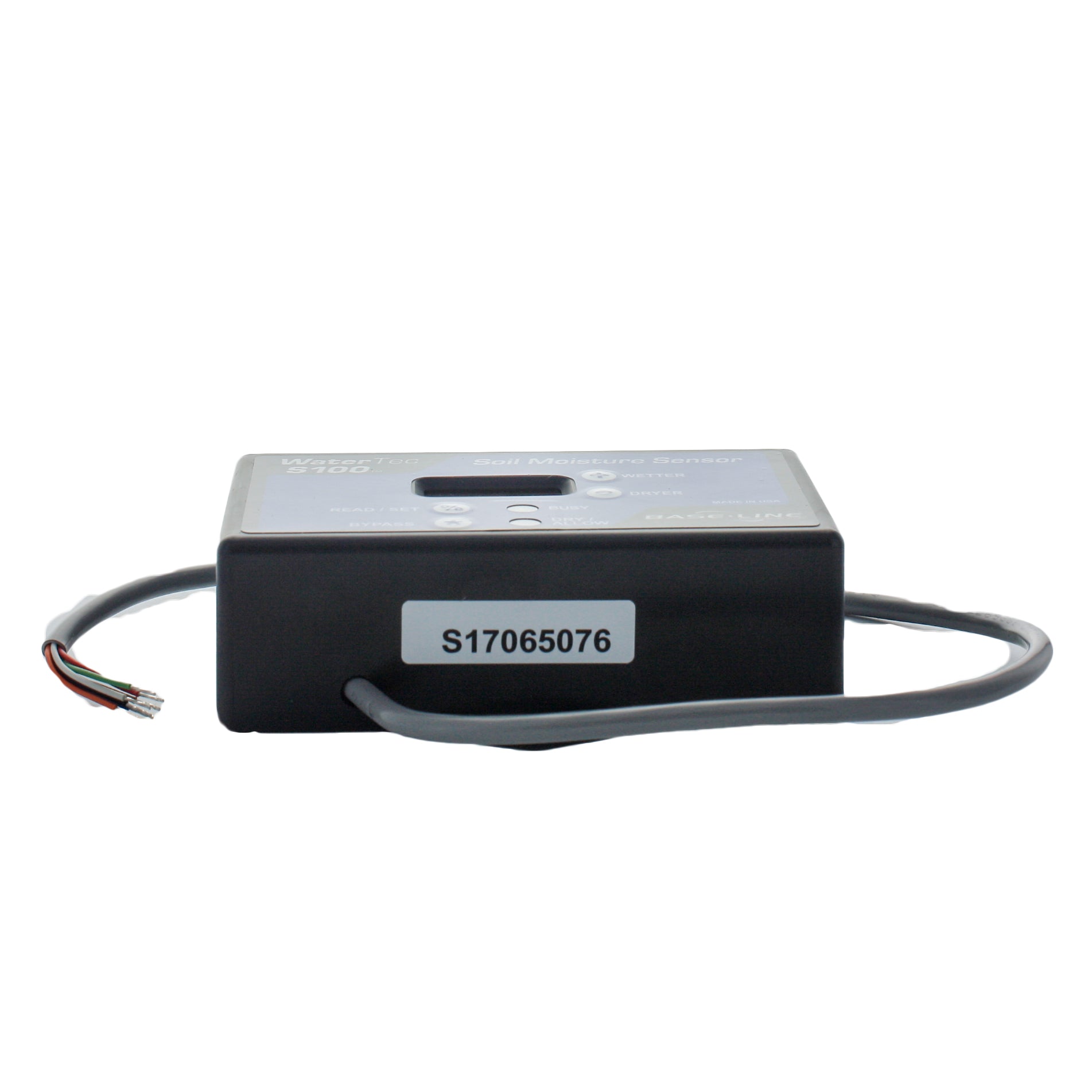 Perspective view of Baseline WaterTec S100 monitor and accessories showing mounting points and connection cable for irrigation systems.