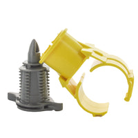 Blazing BS12750 polyethylene irrigation saddle front view showing 1-1/4" pipe saddle and 3/4" FPT outlet, angled to display saddle profile.