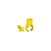 Yellow Blazing BS12900 1-1/4" self-tapping polyethylene saddle with swing pipe barb; high-impact ABS irrigation fitting for sprinkler or drip lines.