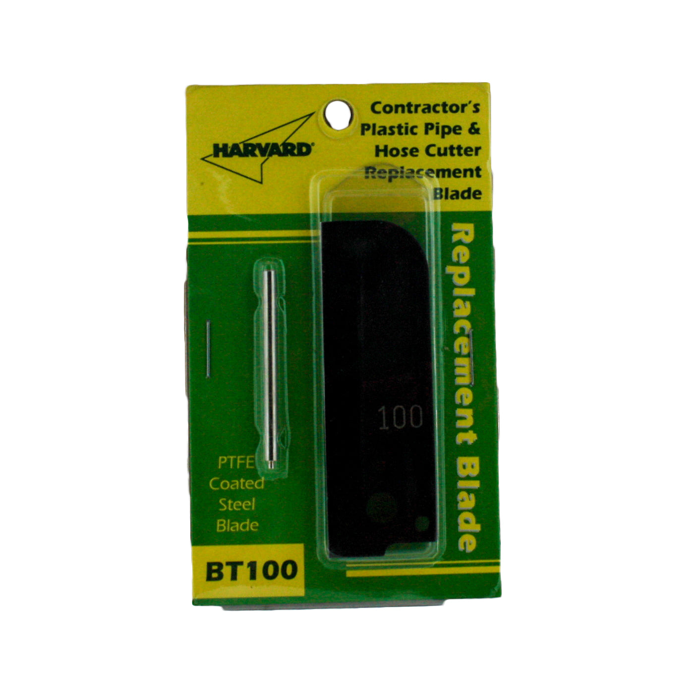 Dawn BT100 small replacement blade displayed next to packaging label and part number, illustrating size and intended KwikCut T100 compatibility.