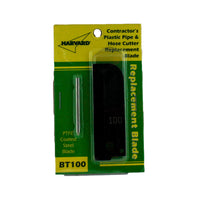 Dawn BT100 small replacement blade displayed next to packaging label and part number, illustrating size and intended KwikCut T100 compatibility.