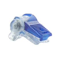 Blazing BVS-1 blue-and-clear SnapLoc waterproof wire connector shown closed with silicone-filled interior visible for low-voltage irrigation splices.