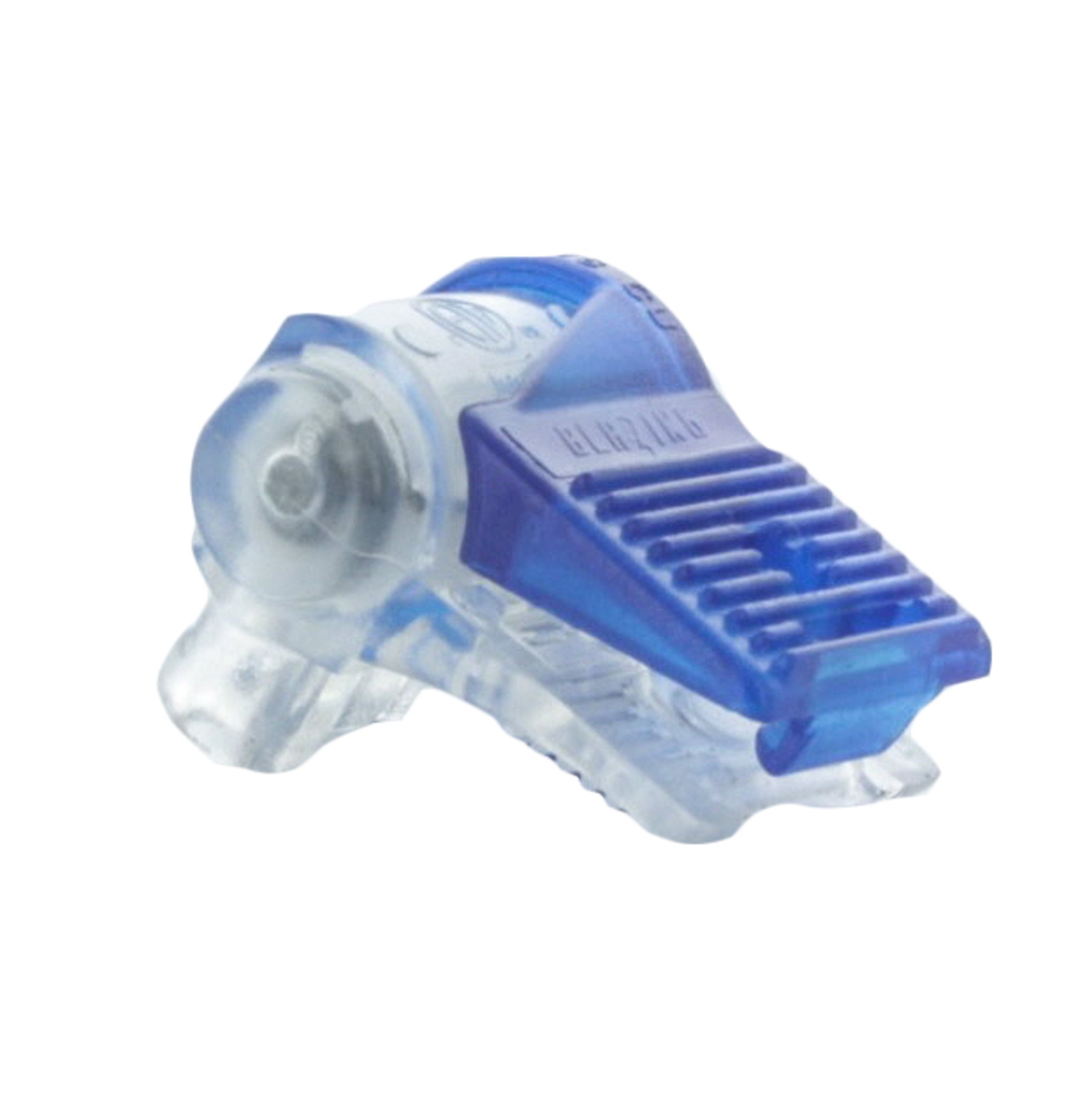 Blazing BVS-1 blue-and-clear SnapLoc waterproof wire connector shown closed with silicone-filled interior visible for low-voltage irrigation splices.