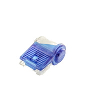 Side view of Blazing BVS-1 waterproof connector open to reveal wire channels and blue latch for secure SnapLoc installation in irrigation systems.