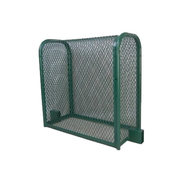 Side perspective of EKONO303013 Econo-Cage enclosure in green, expanded-metal construction and mounting points visible for concrete anchoring.