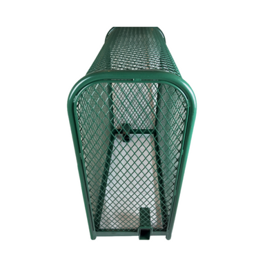 Front view of green expanded-metal Econo-Cage backflow enclosure EKONO303013 (30×13×30 in), showing lift-off top and lockbox area for theft protection.