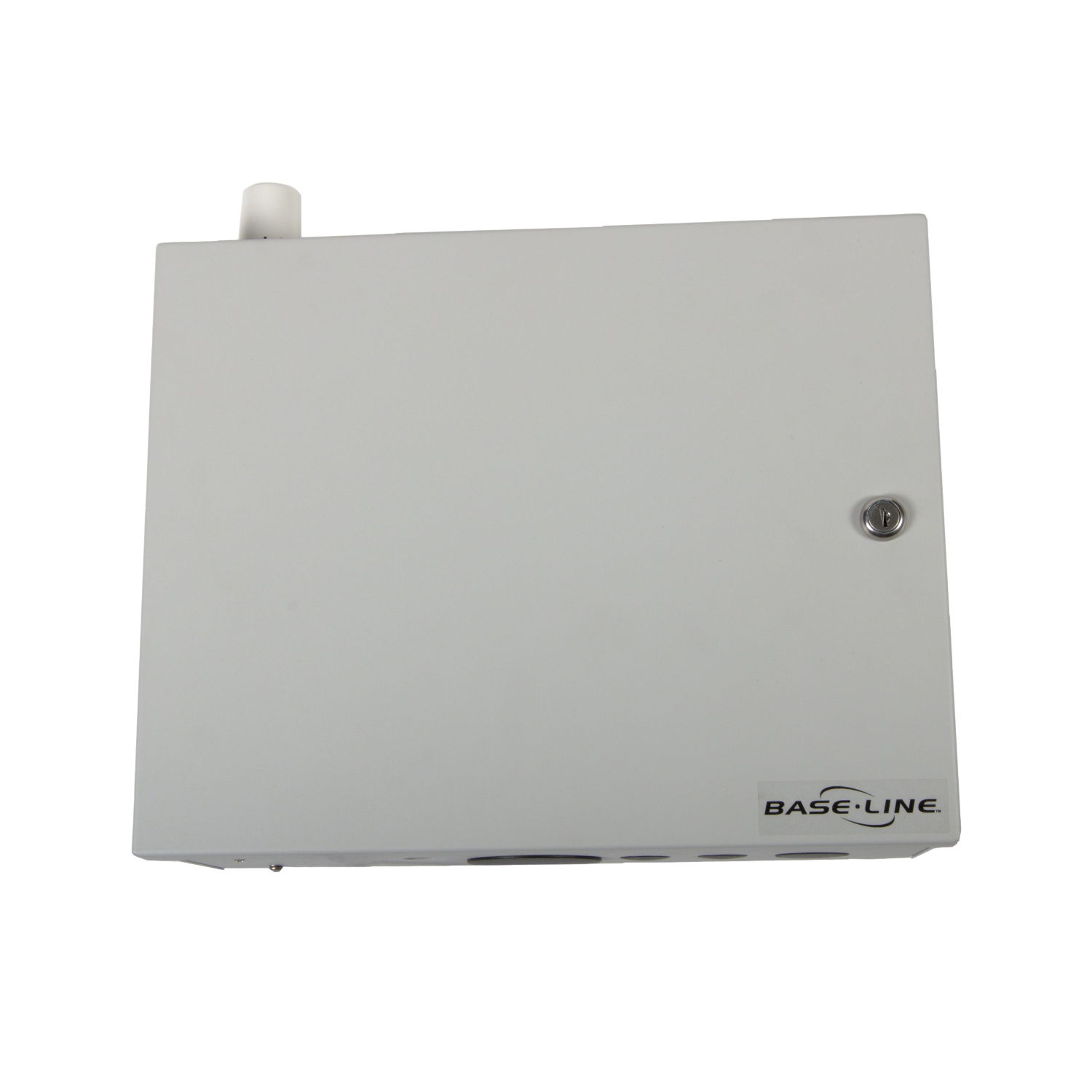 Baseline BaseStation 1000 wall-mount controller in steel cabinet, showing wiring access, lockable door, and mounting brackets for commercial use.