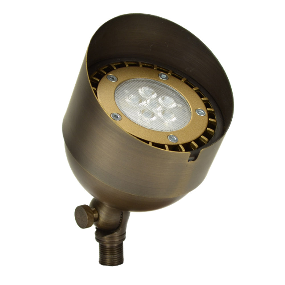 Weathered Brass Unique Bishop up light fixture, solid brass housing and adjustable directional head for landscape uplighting (front-angle view).