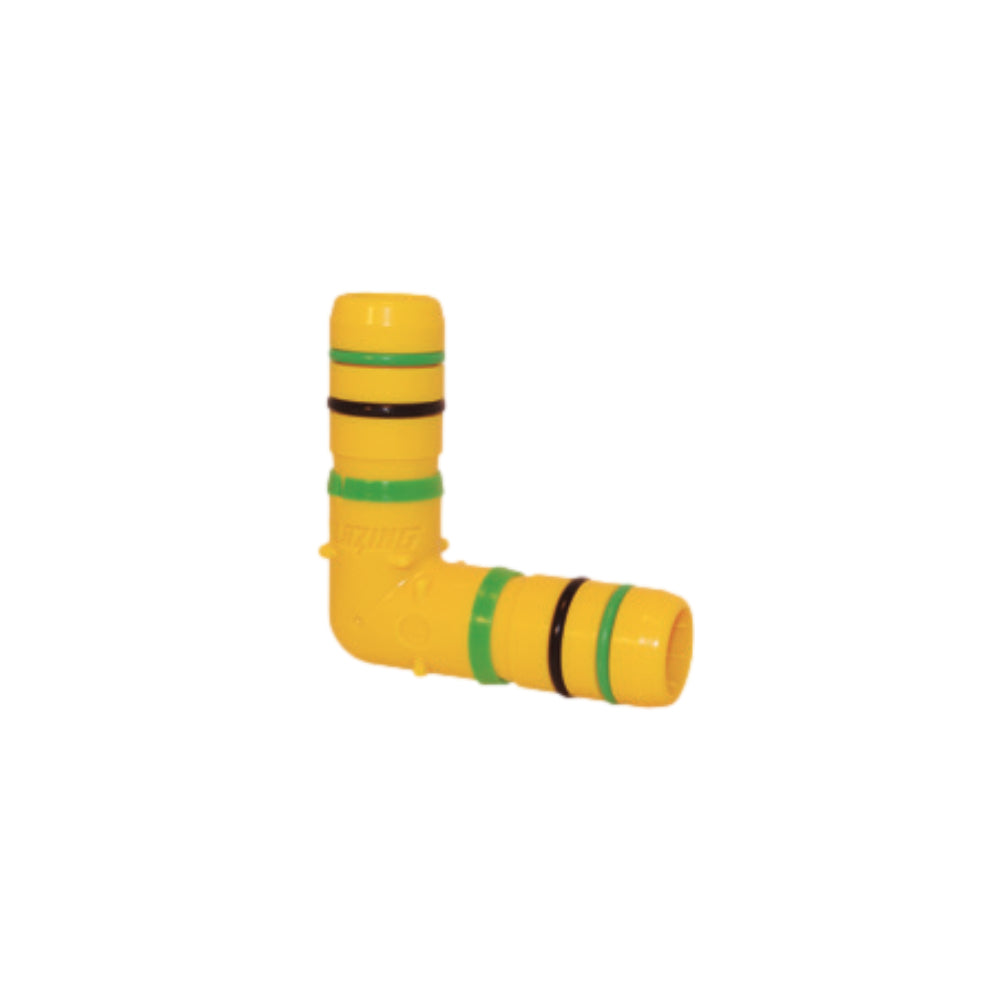 Photograph of Blazing BLZ 1406-010 1 in x 1 in 90° ABS insert elbow showing barbed insert, lock ring, and dual O-ring seal on white background.