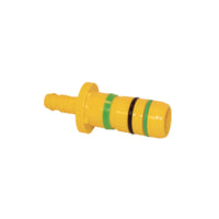 Yellow Blazing BLZ 1429-129 clampless end-of-line fitting for 1-inch poly pipe showing lock ring, dual O-rings, swing barb.