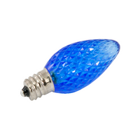 Blue faceted C7 LED bulb with E12 candelabra base and polycarbonate lens; approx 2.09 in long, suitable for wreaths, trees, and roofline lighting.