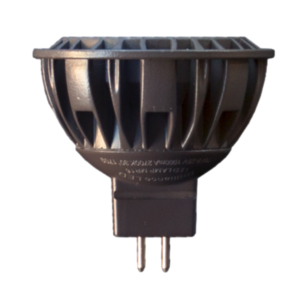 Brilliance MR16 5W LED bulb (2700K, 60°) on white background showing front lens and body, product identification label visible
