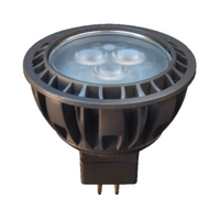 Side and angled view of Brilliance MR16 5W LED lamp (2700K, 60°) showing bi‑pin base and heat‑dissipating housing details