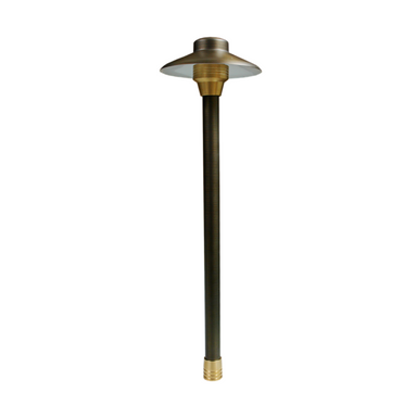 Unique Mercury 7 path light in Weathered Brass finish showing frosted cylindrical lens, adjustable collar, and slotted stake.