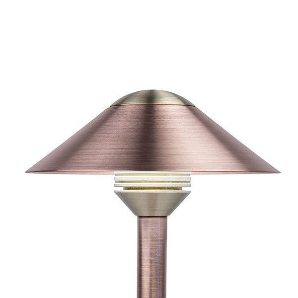 Grande CA Designer LED path light top assembly in Antique Bronze finish, copper construction with integrated LED optics and architectural silhouette.