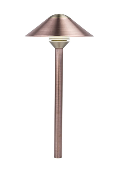 FX CA LED Path Light top assembly in flat black finish, three-quarter view showing metal top cap and integrated LED lens for outdoor pathway lighting.