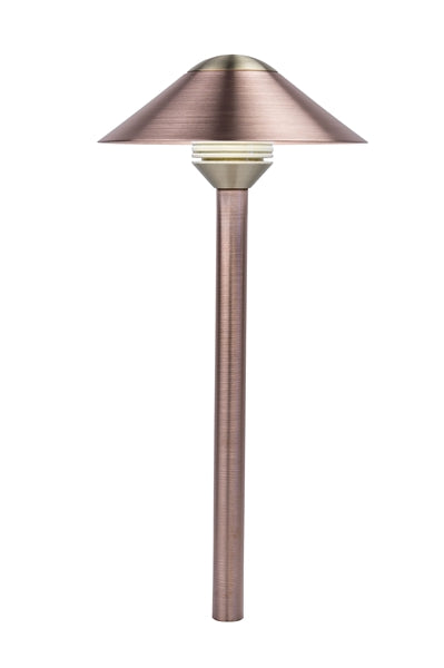 FX CA LED Path Light top assembly in flat black finish, three-quarter view showing metal top cap and integrated LED lens for outdoor pathway lighting.