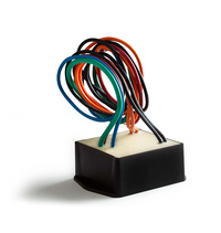 Top-and-side view of Calsense two-wire POC decoder showing terminal block, mounting tabs, and compact enclosure for field installation.