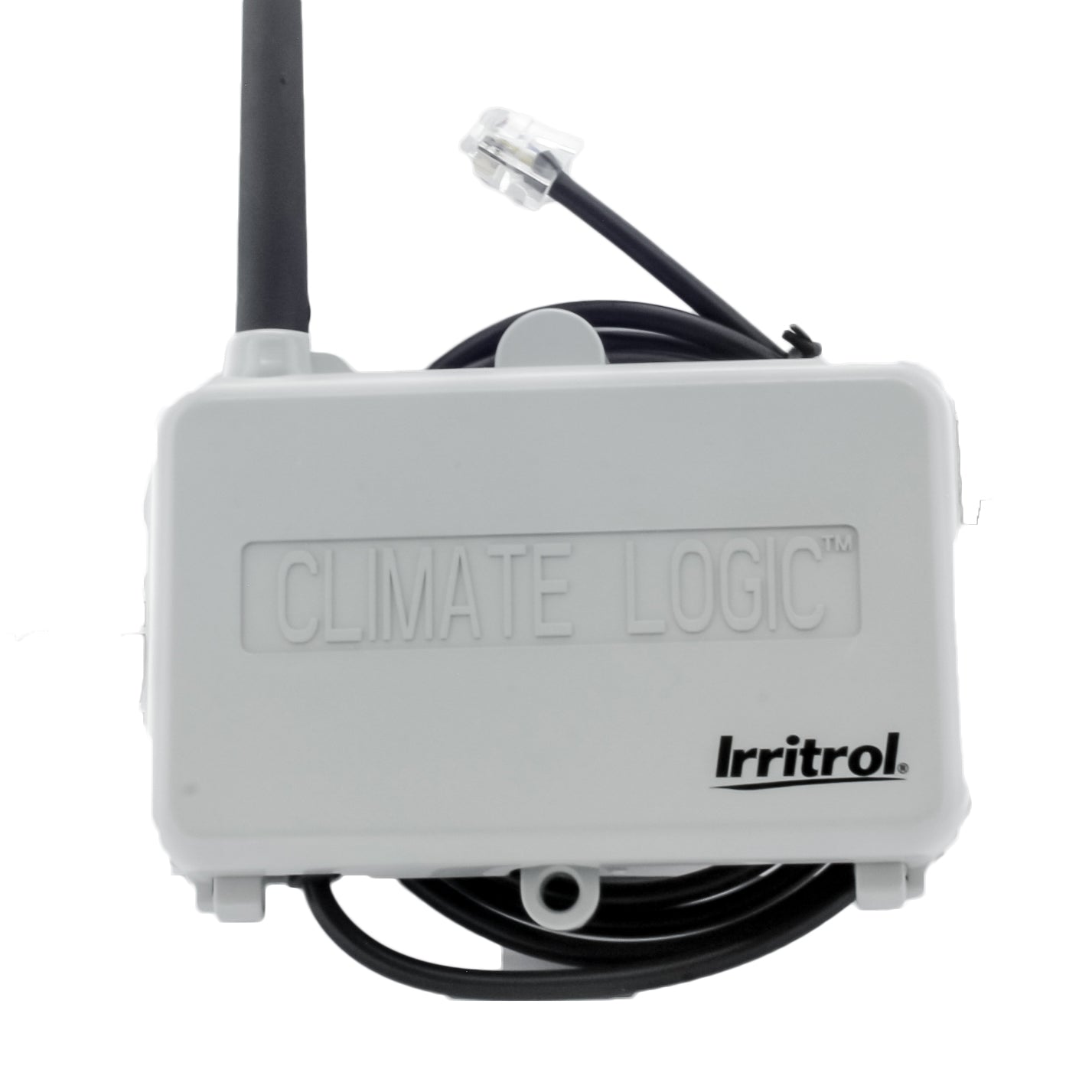 Front view of Irritrol CL-M1 Climate Logic wireless receiver module showing LCD, buttons and plug-in connector for controller setup and monitoring.