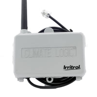 Front view of Irritrol CL-M1 Climate Logic wireless receiver module showing LCD, buttons and plug-in connector for controller setup and monitoring.