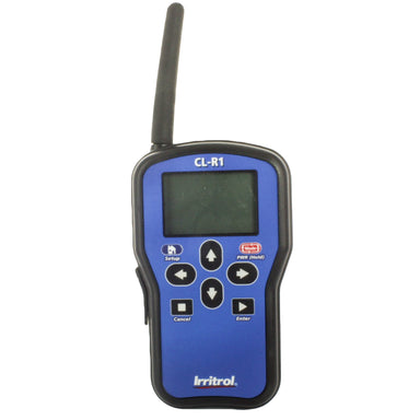 Front view of Irritrol CL-R1 handheld transmitter showing LCD screen and keypad on compact weather-resistant housing for Climate Logic system.
