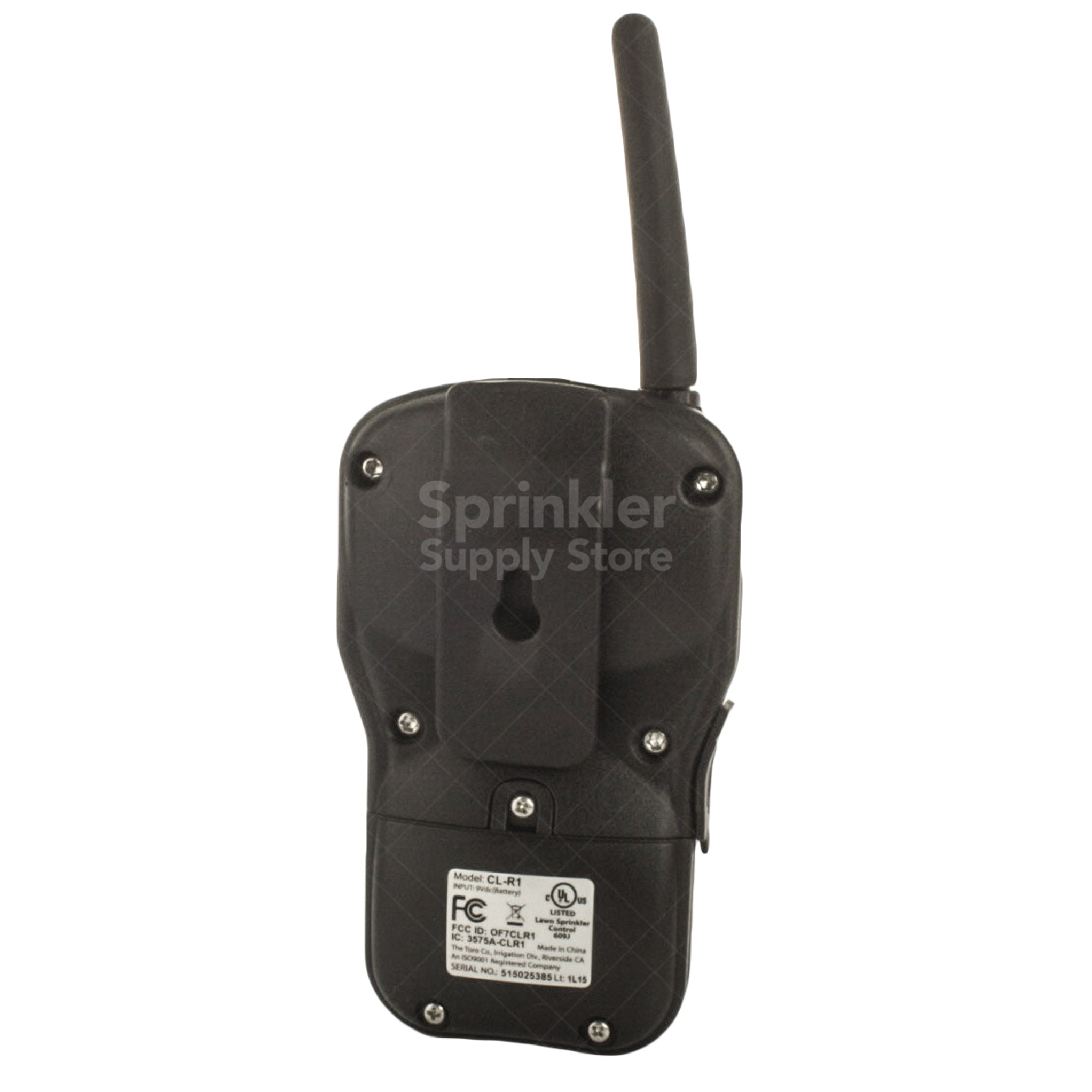 Angled view of Irritrol CL-R1 transmitter highlighting mounting points, ergonomic grip, and sealed enclosure suitable for outdoor use.