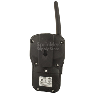 Angled view of Irritrol CL-R1 transmitter highlighting mounting points, ergonomic grip, and sealed enclosure suitable for outdoor use.