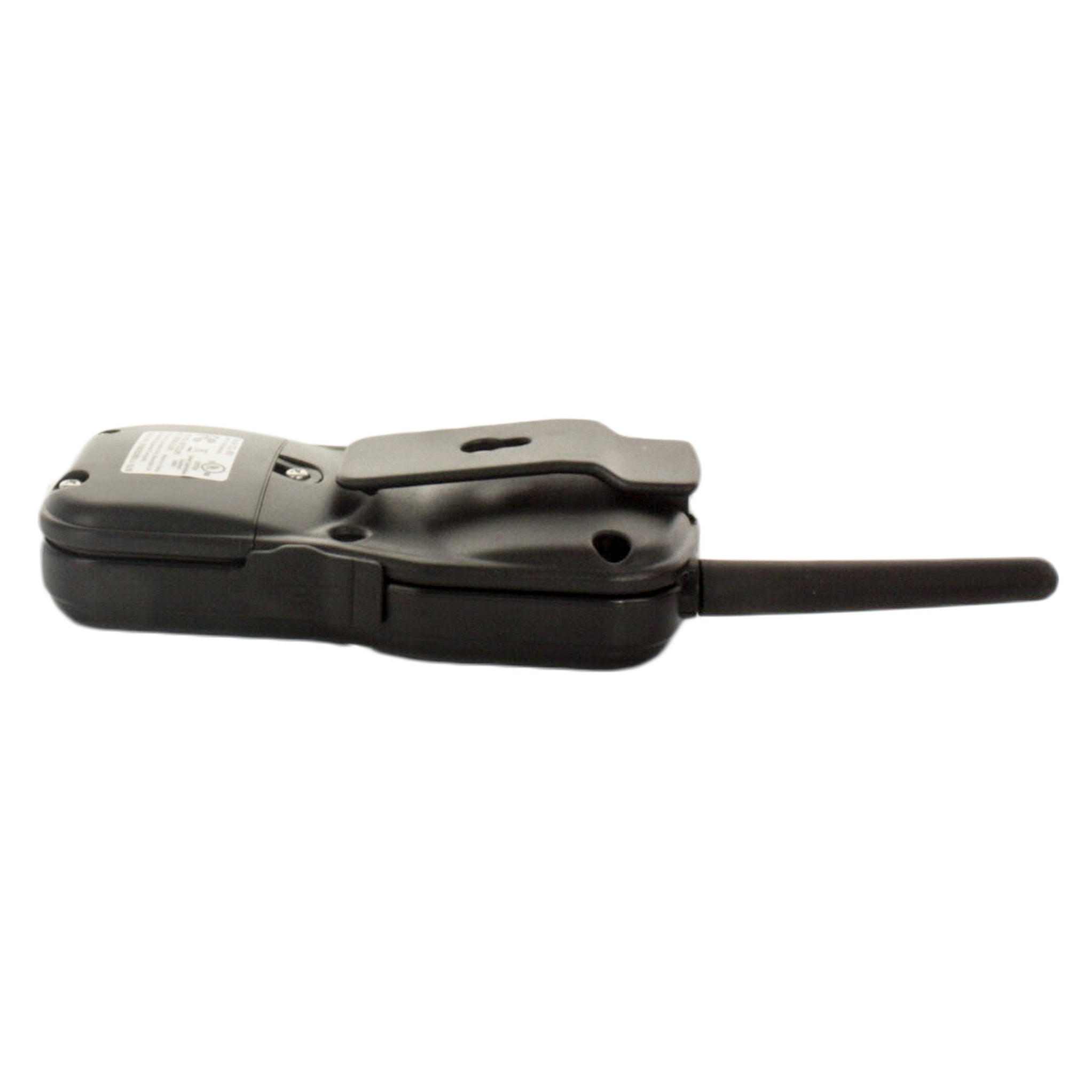 Rear and side view of Irritrol CL-R1 handheld transmitter showing battery compartment and overall compact dimensions for installers.