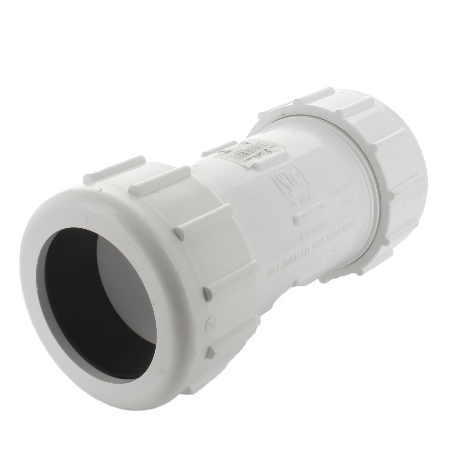 Angled view of 3-inch PVC compression coupling highlighting body profile, nut engagement, and white PVC finish for irrigation use.