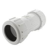 Angled view of 3-inch PVC compression coupling highlighting body profile, nut engagement, and white PVC finish for irrigation use.