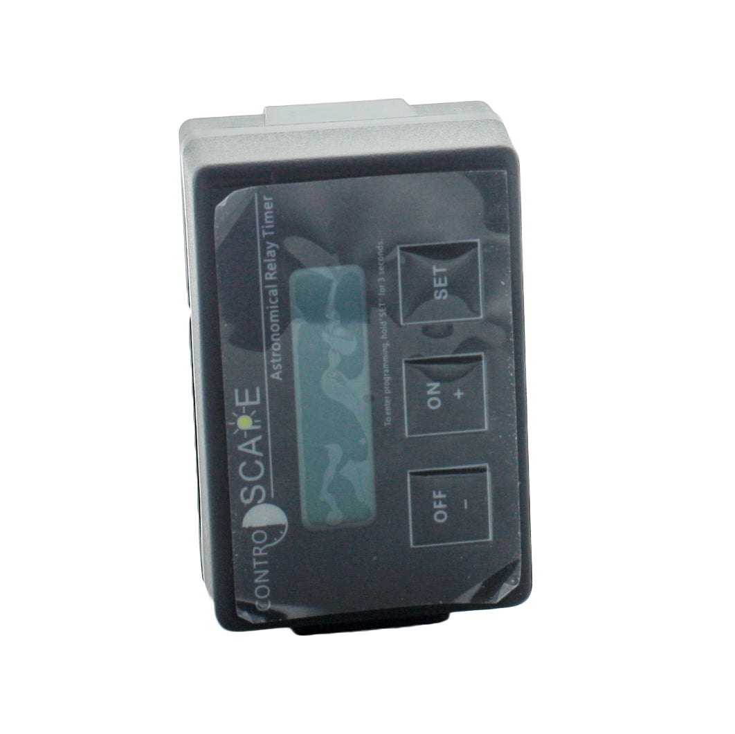 Close-up of the ControlScape CS-ART timer label and terminal area showing model marking, wiring terminals, and specification text.