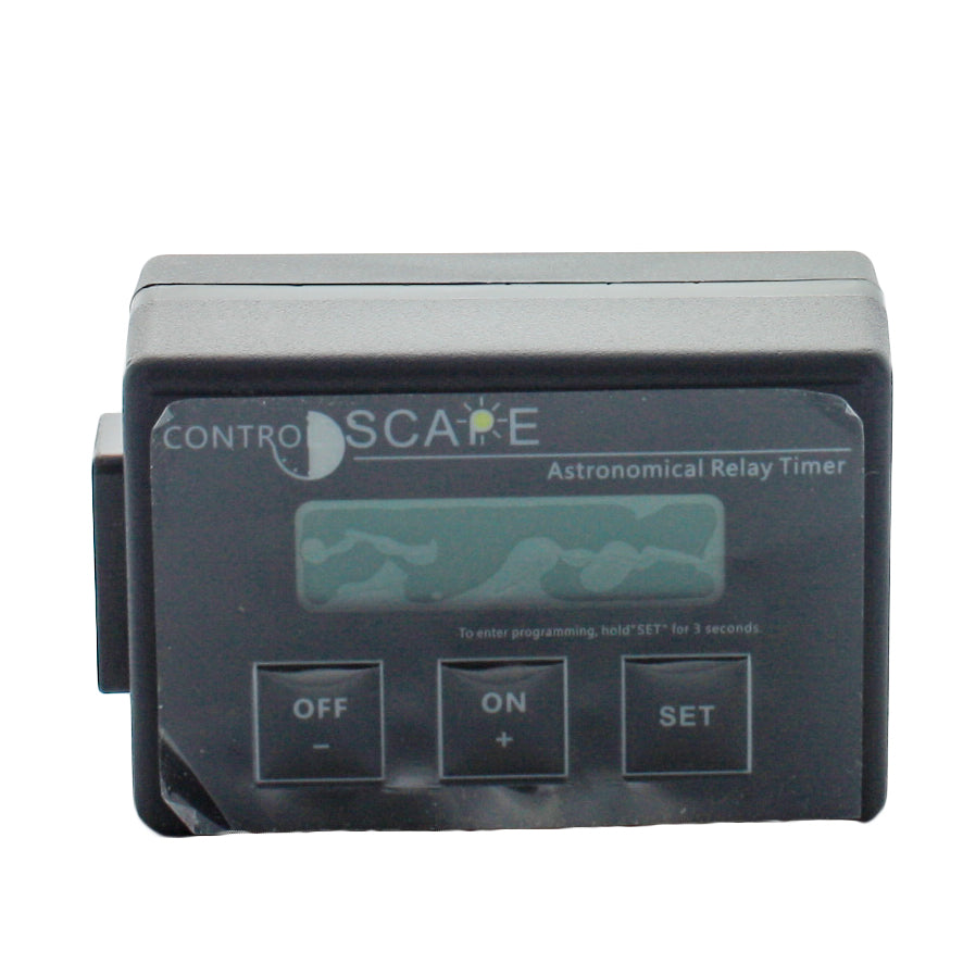 Side angle of ControlScape CS-ART illustrating compact 3 x 2 x 1.25 inch footprint and pass-through plug orientation for transformer mounting.