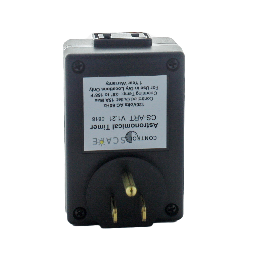 Rear and wiring view of the CS-ART astronomical relay timer highlighting sealed relay enclosure and connection points for AC load.