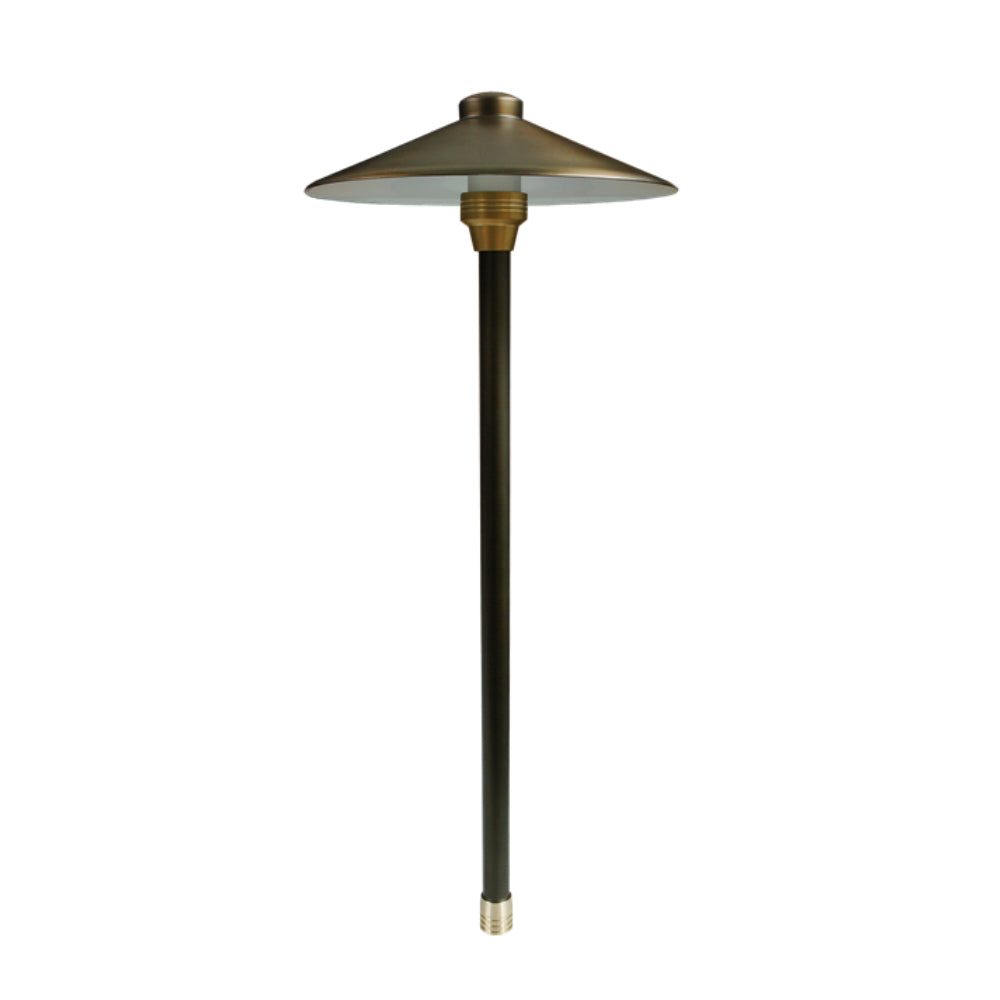 Centaurus 12-inch weathered brass path light on a 24-inch brass riser with a frosted cylindrical borosilicate lens, side profile view