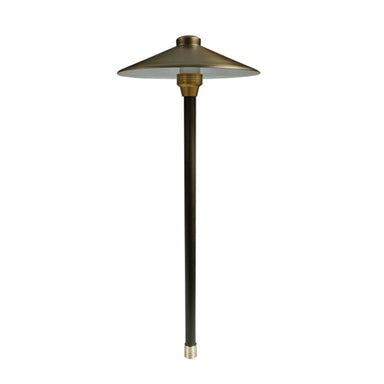 Centaurus 12-inch weathered brass path light on a 24-inch brass riser with a frosted cylindrical borosilicate lens, side profile view