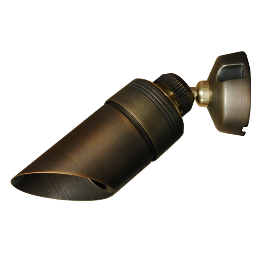 Unique Comet down light in Weathered Brass finish; precision cast brass housing, removable 360° Orbital Mount, shown without lamp for directional downlighting.