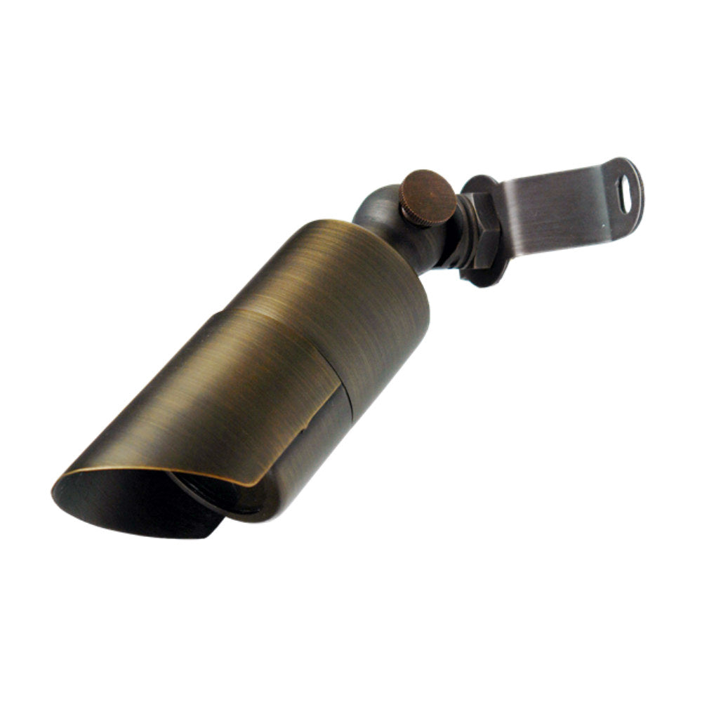 Weathered brass Conquest down light with 360-degree rotational shroud, tempered glass lens, and adjustable brass knuckle for aiming.