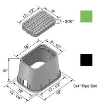 Angled view of NDS D1000-SG valve box with green cover removed to reveal tapered black body and internal reinforcing ribs.