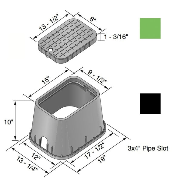Angled view of NDS D1000-SG valve box with green cover removed to reveal tapered black body and internal reinforcing ribs.