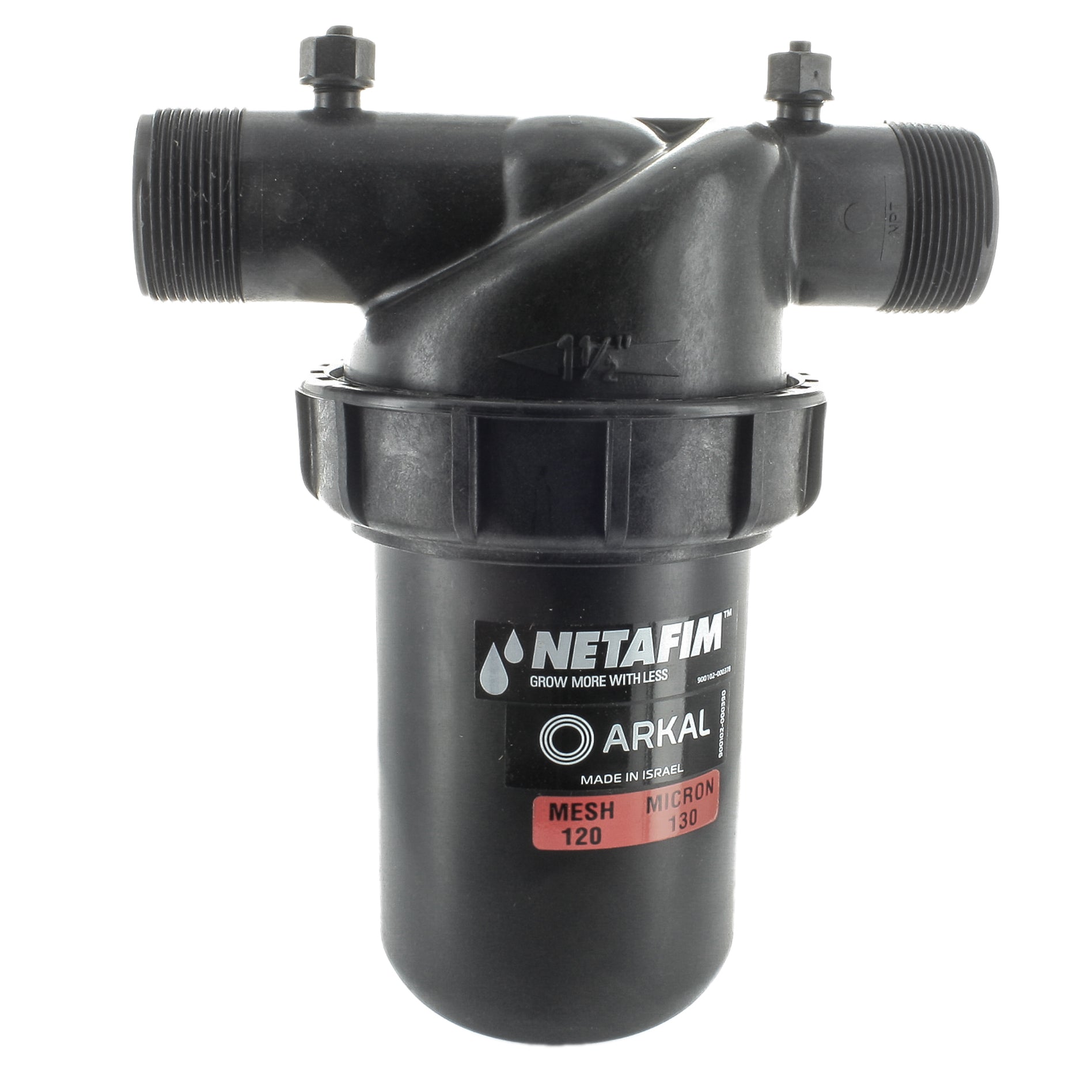 Front view of Netafim DF150-080 1.5 in manual disc filter showing yellow filter body, 1.5 in male inlet and outlet threads, and clamp assembly.